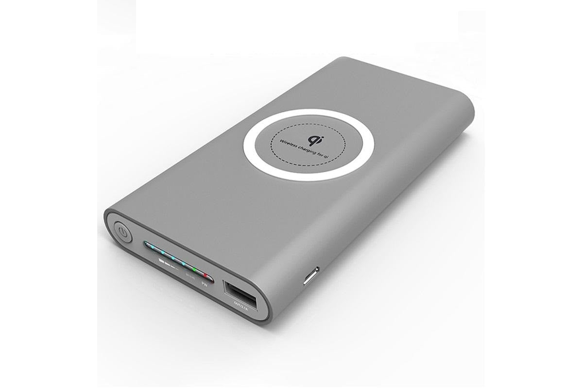 Close-up of USB input and output ports on power bank