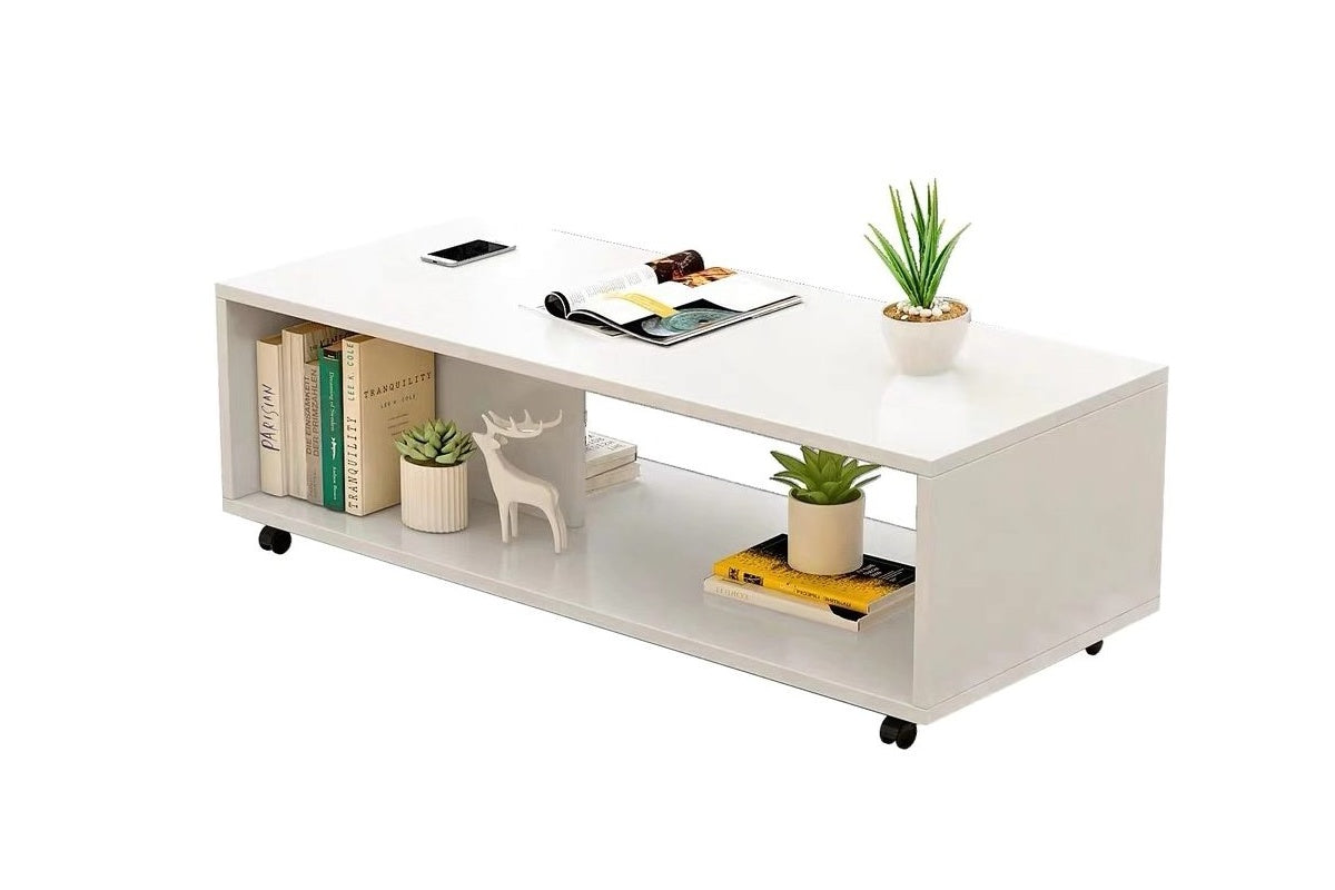 Side view of coffee table showing storage shelves