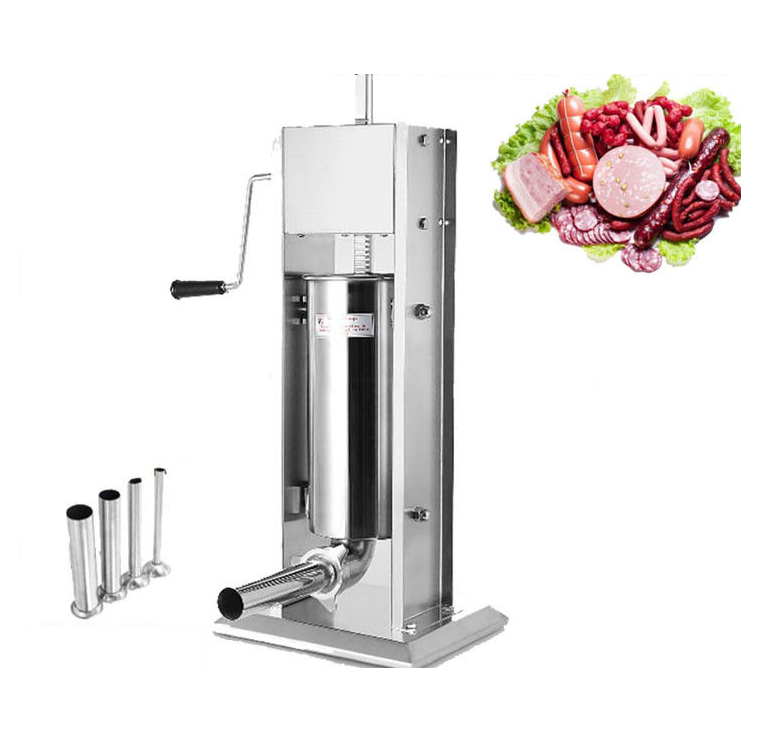 Side angle showing hand crank and locking nut on sausage stuffer