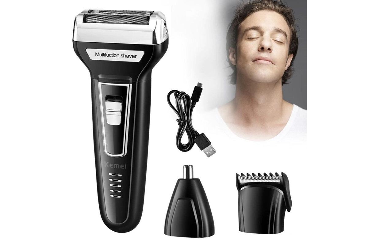 Electric shaver hair trimmer showing cleaning brush included