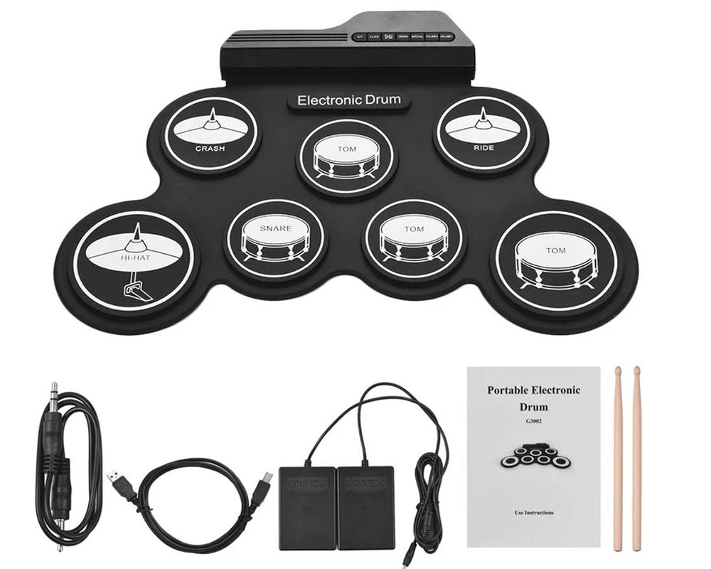 Close-up of 7 silicon drum pads on electronic roll up drum kit