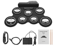 Thumbnail for Close-up of 7 silicon drum pads on electronic roll up drum kit