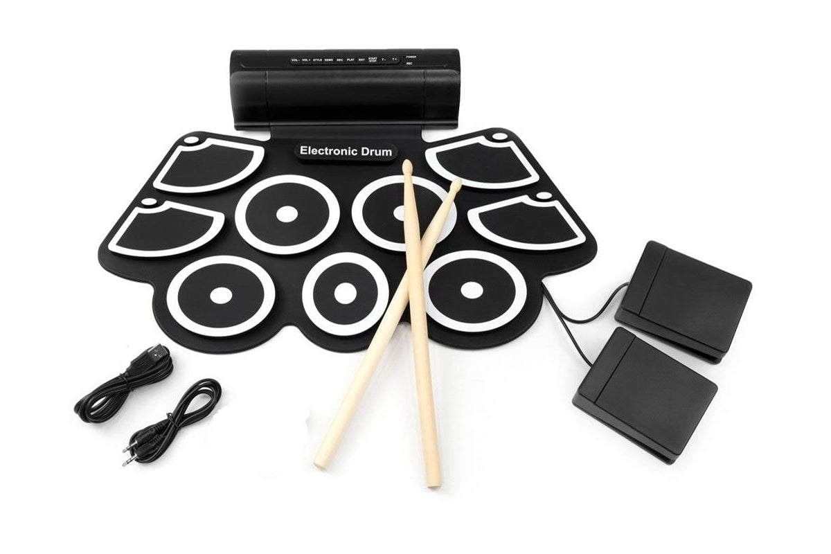 Close-up of silicone drum pads on electronic roll up drum kit