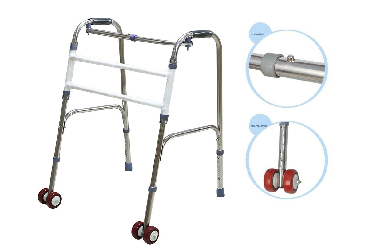 Side angle of adult walking frame showing foldable design