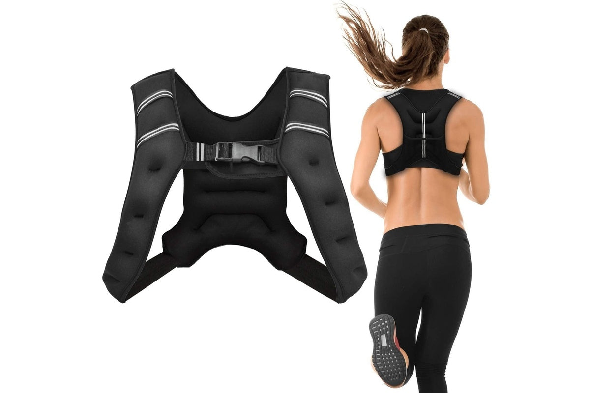 Side angle showing adjustable front belt on weighted vest