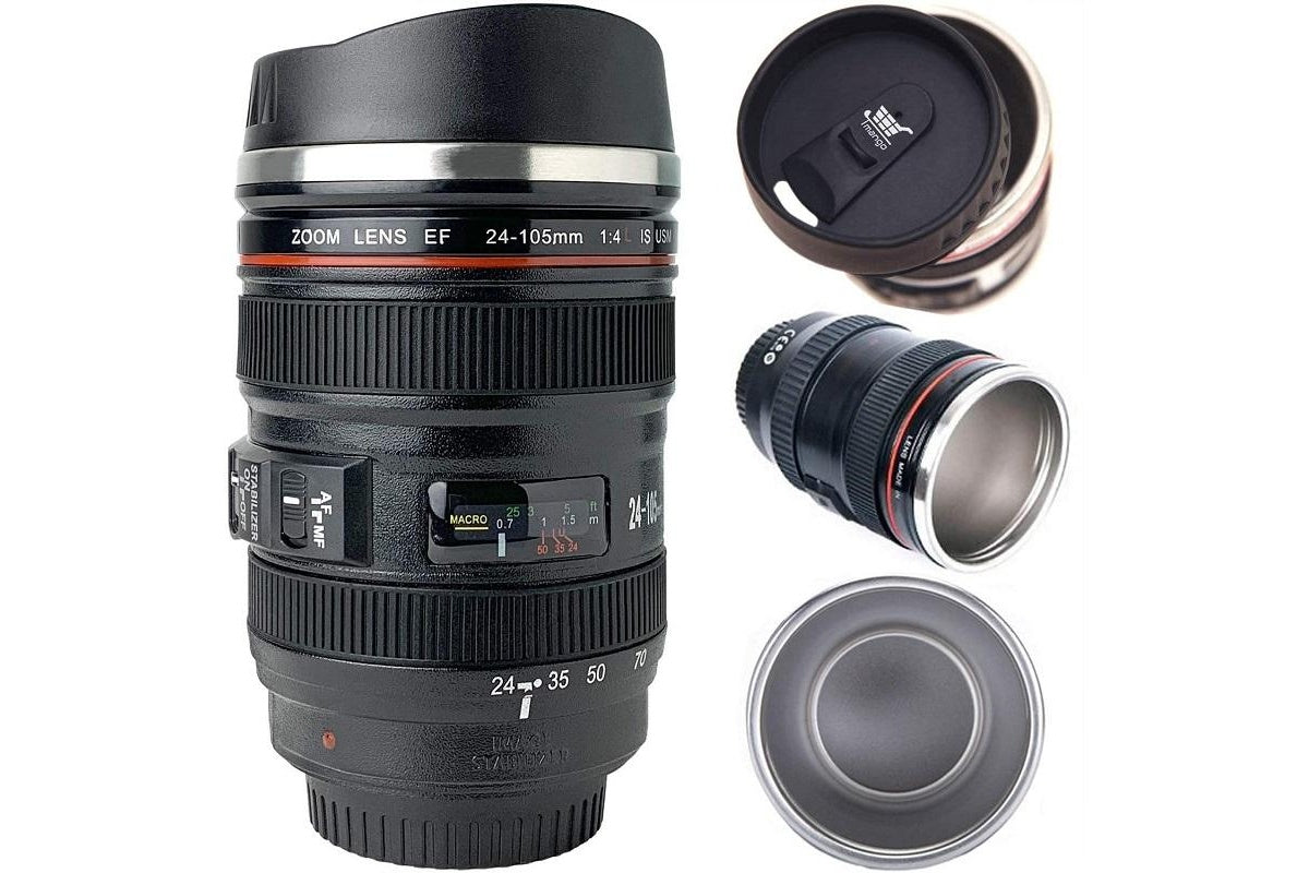 Side view of camera lens coffee mug design
