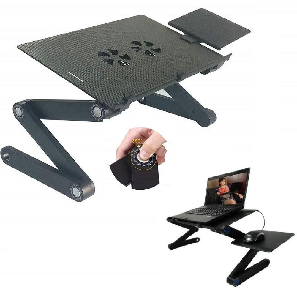 Adjustable laptop stand with black aluminium frame and mouse pad