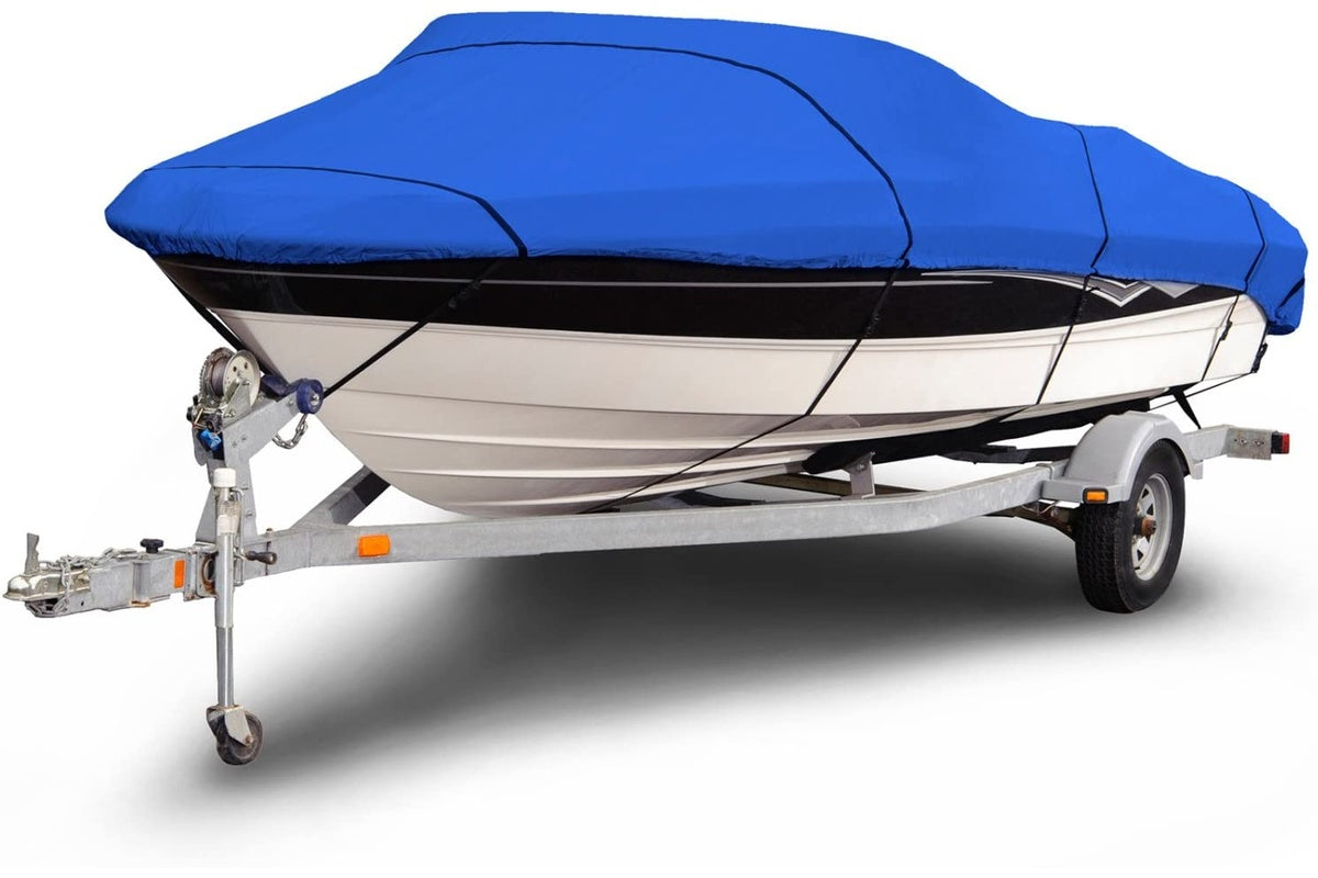 Boat cover fitted on V-hull speedboat outdoors