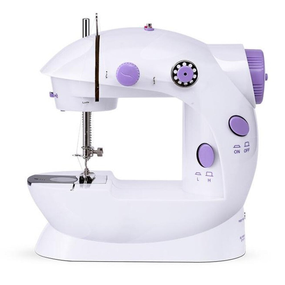Mini electric sewing machine front view with foot pedal