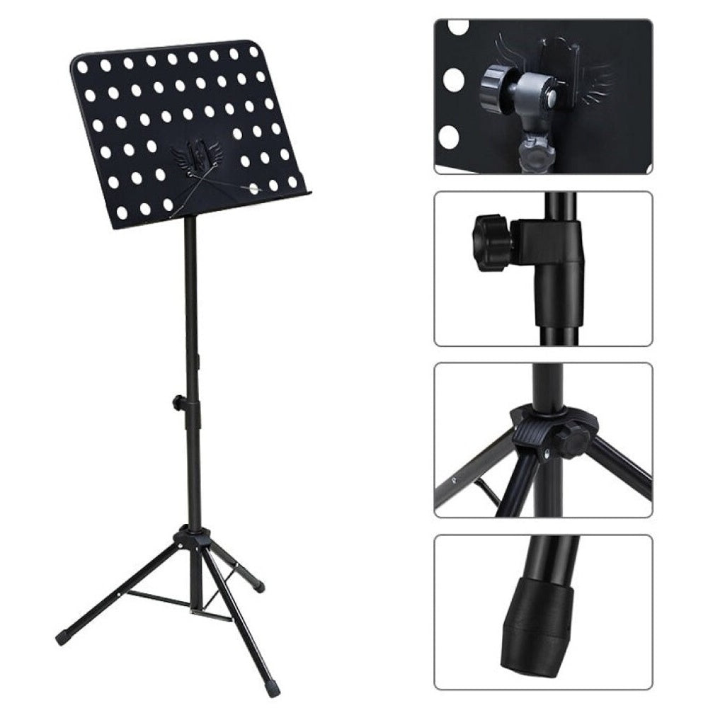 Music stand supporting sheet music and books
