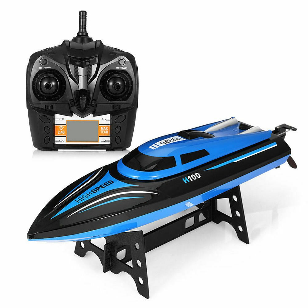 Remote control boat blue racing RC boat side view