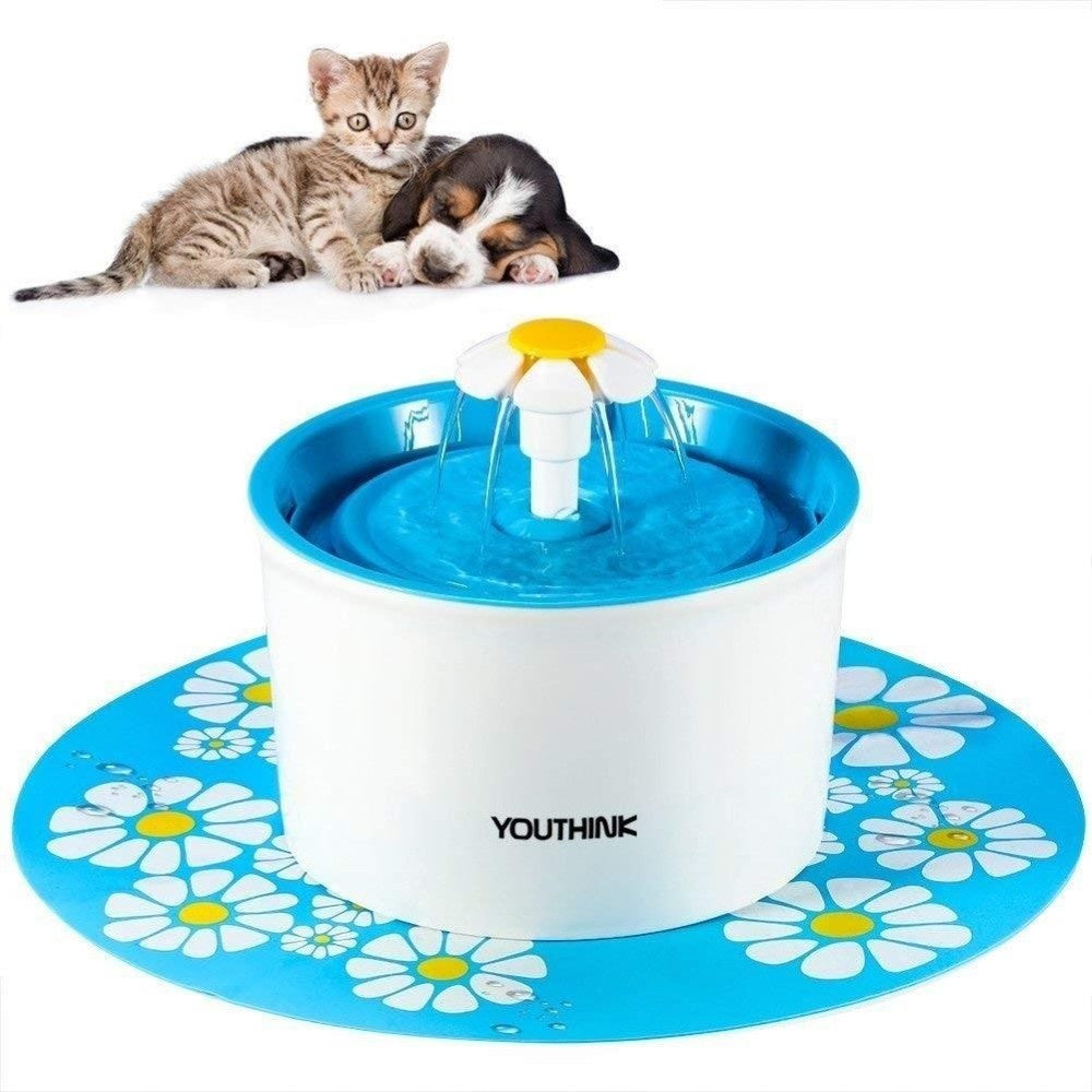 Top view of pet water fountain with flower waterfall setting