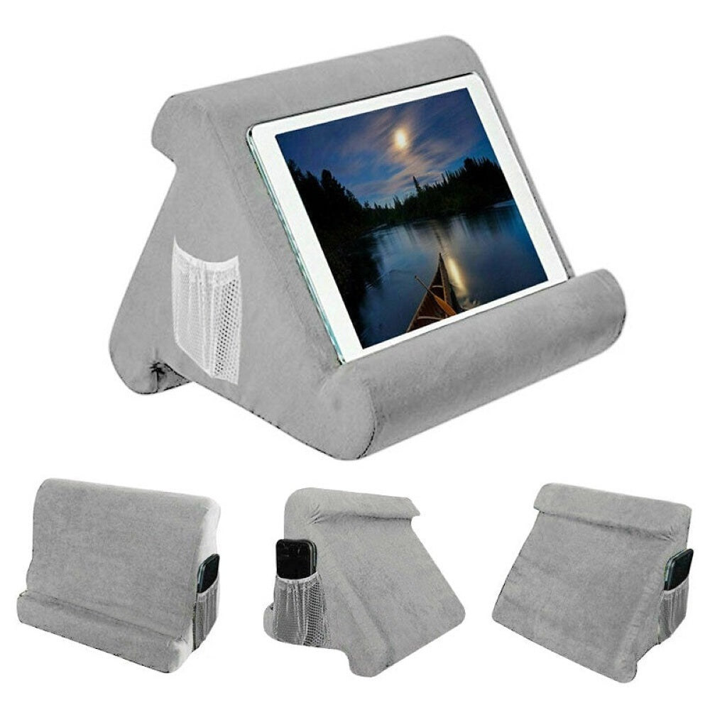 Grey iPad pillow stand with soft cotton blend cover