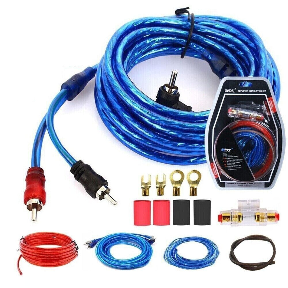 Car audio amplifier wiring kit with red blue black cables