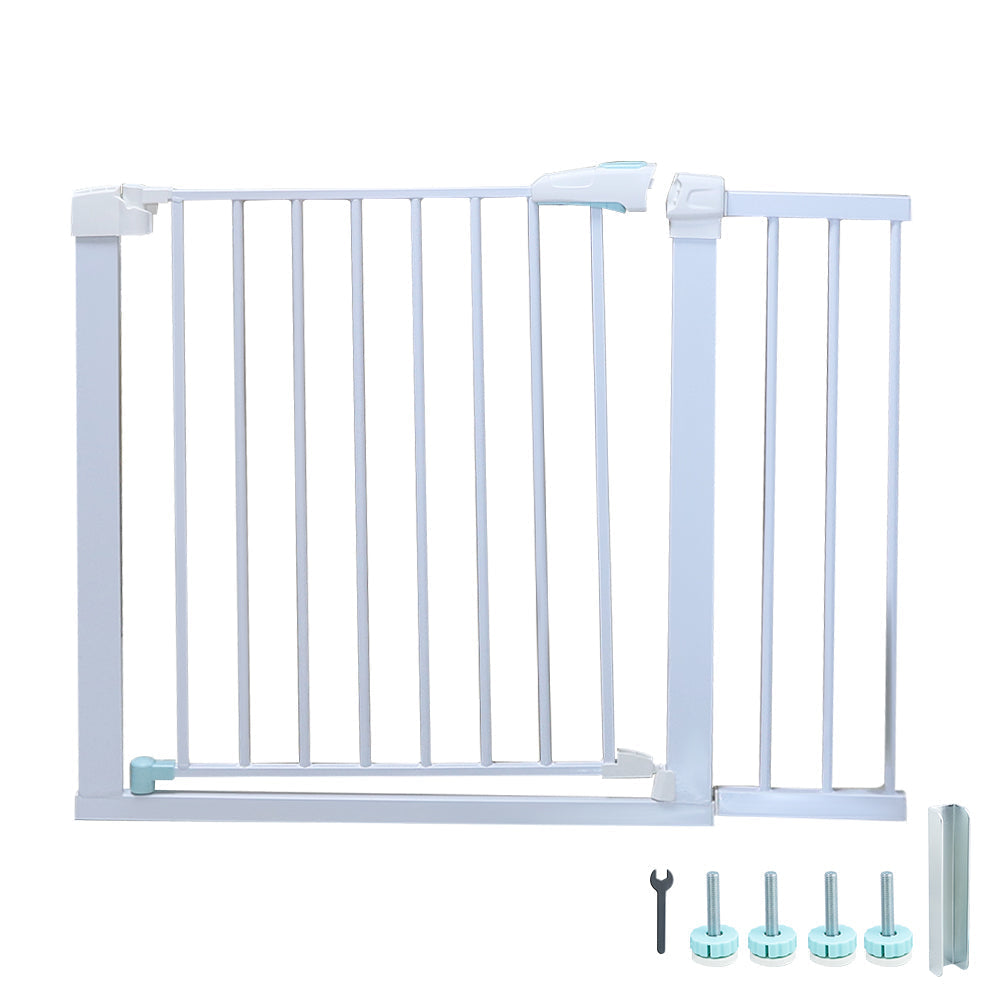 Baby safety gate installed in doorway with brown finish