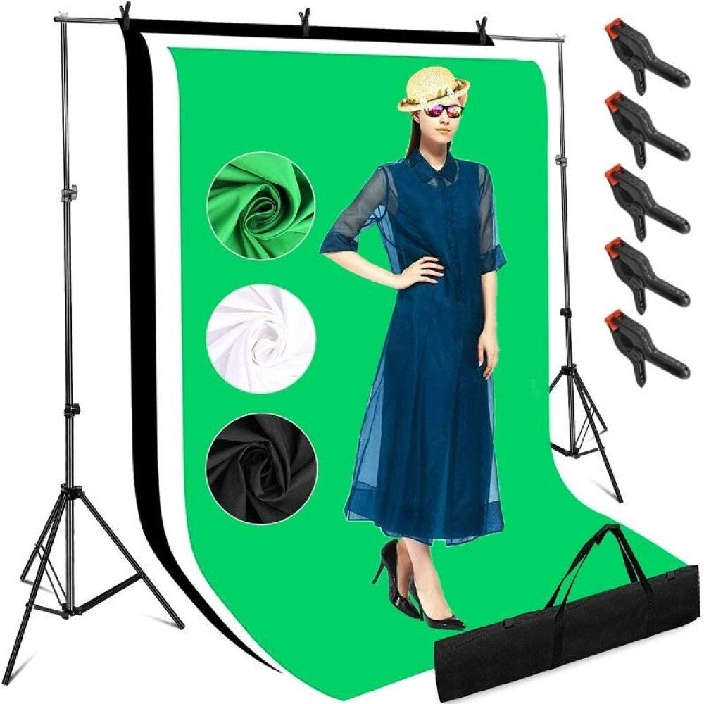 Photography background stand with black backdrop attached