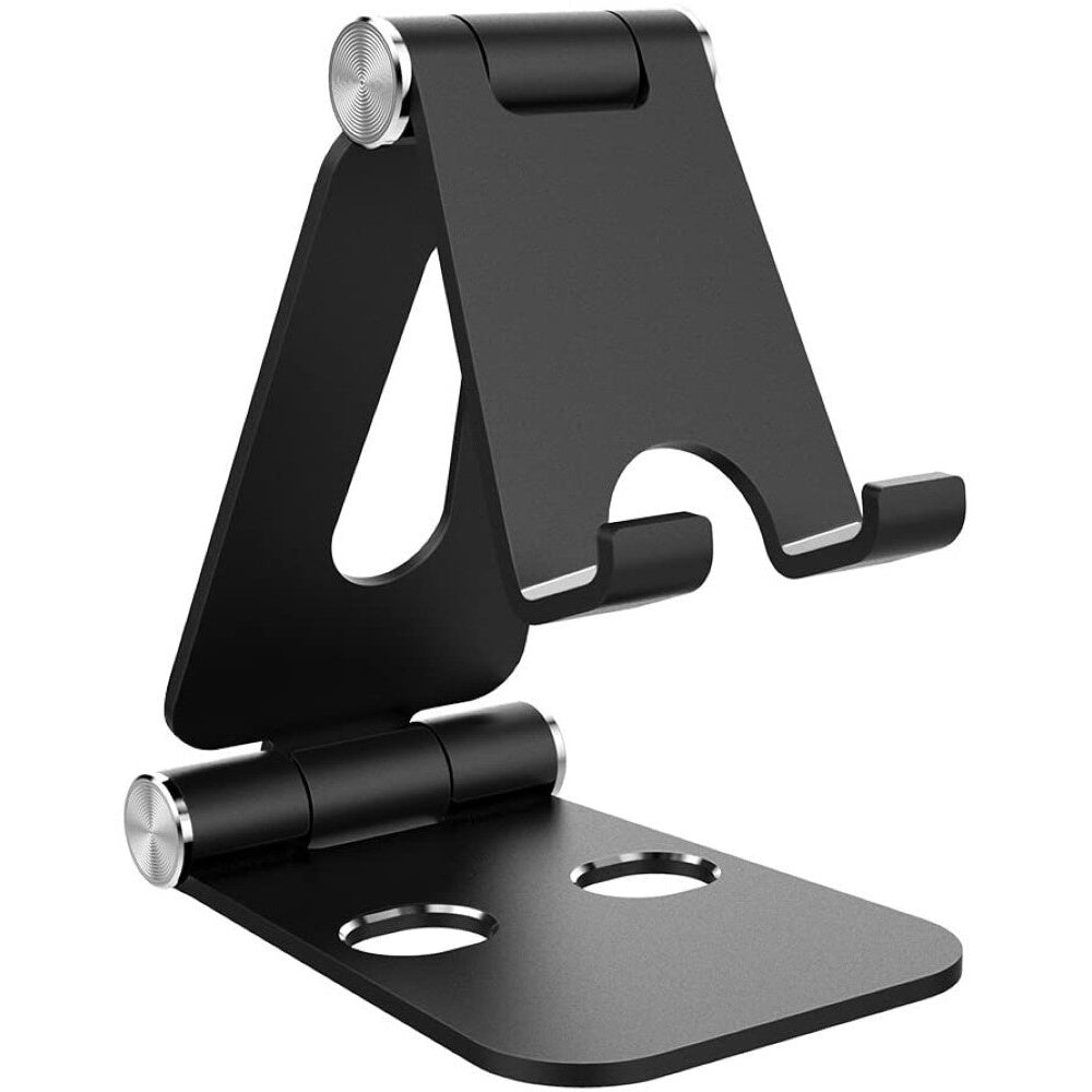 Foldable aluminum tablet stand black with dual foldable hinges