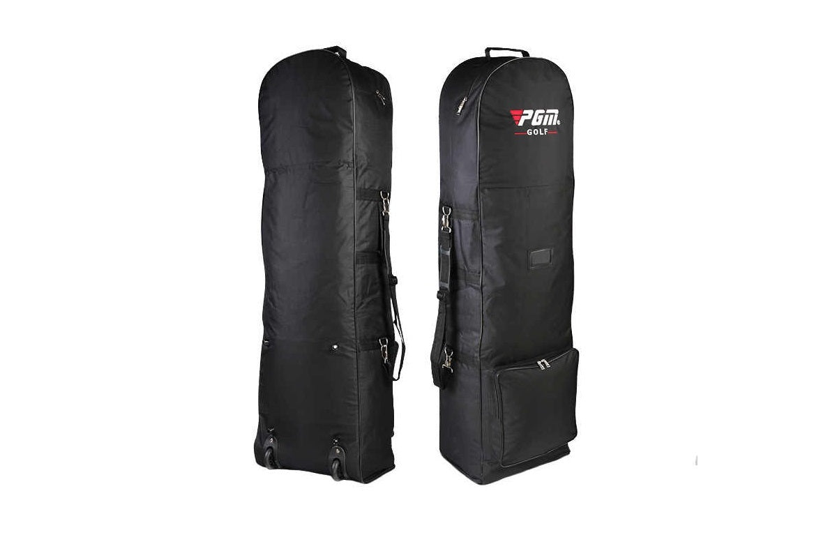 Side angle of golf travel bag with wheels showing pulley base