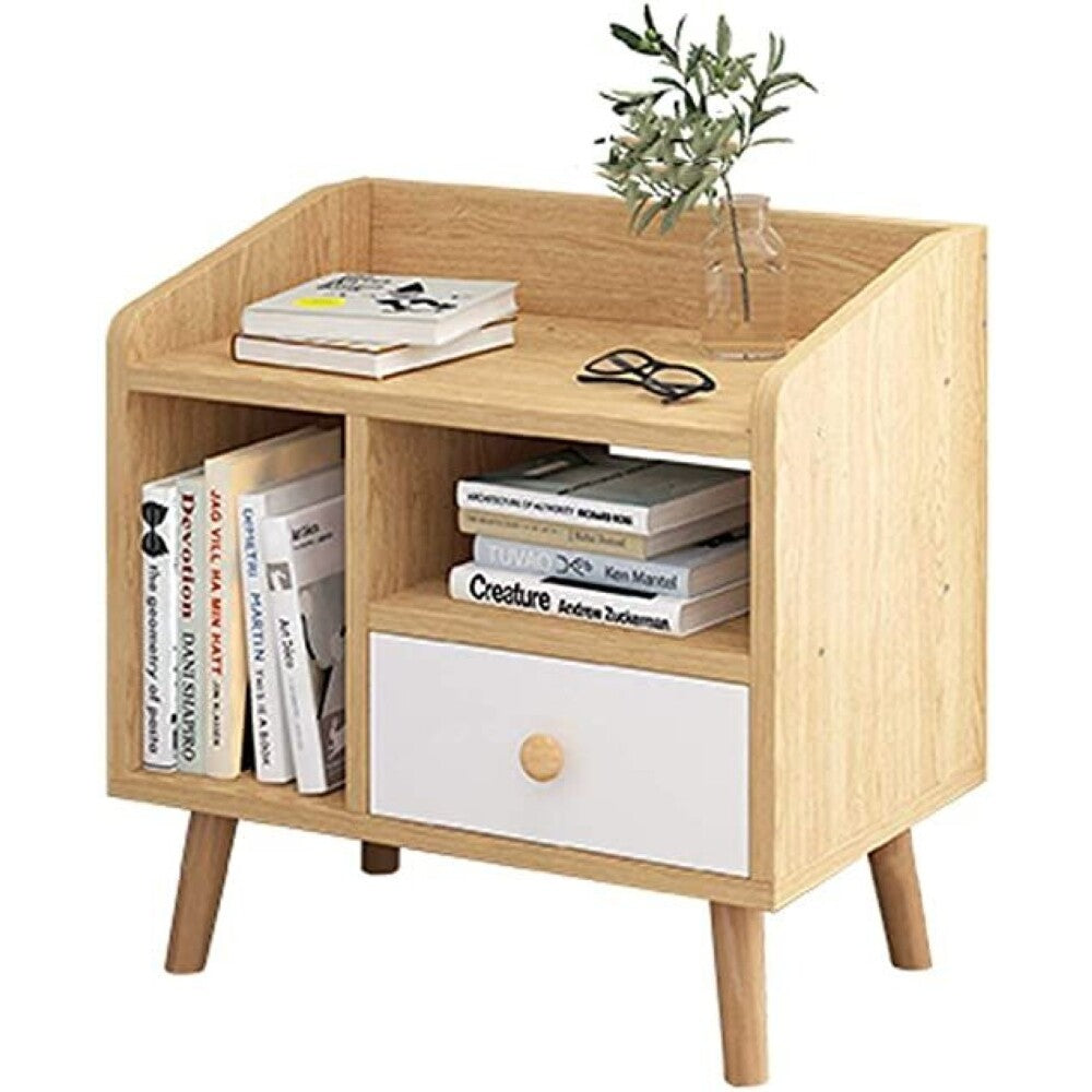 Wooden bedside table in bedroom setting