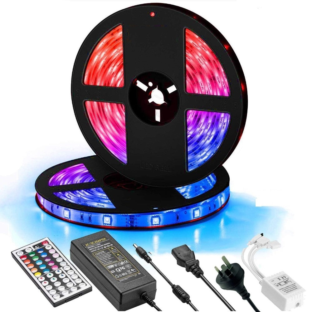 LED strip light RGB 15M rolled out showing colours