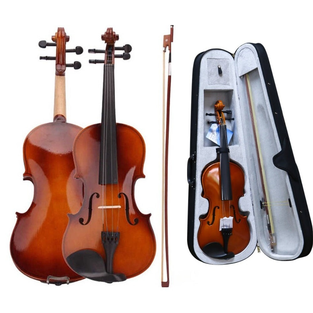 Violin resting on case with bow and rosin included