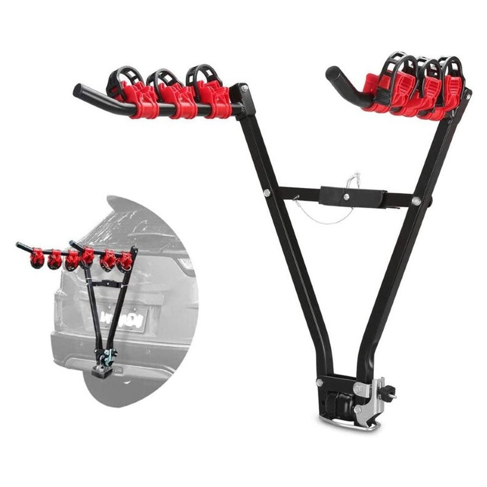 Bike carrier tow bar rack holding three bicycles