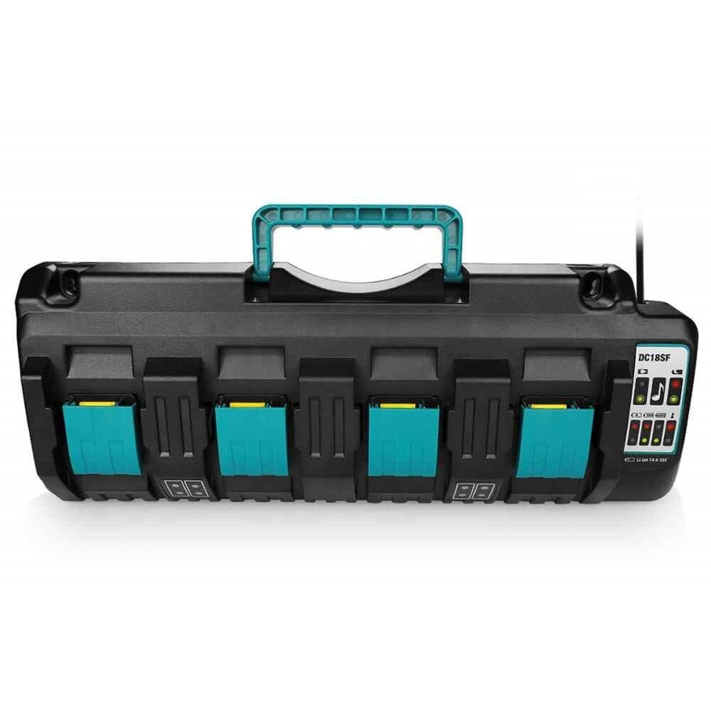 Makita charger resting on workshop bench