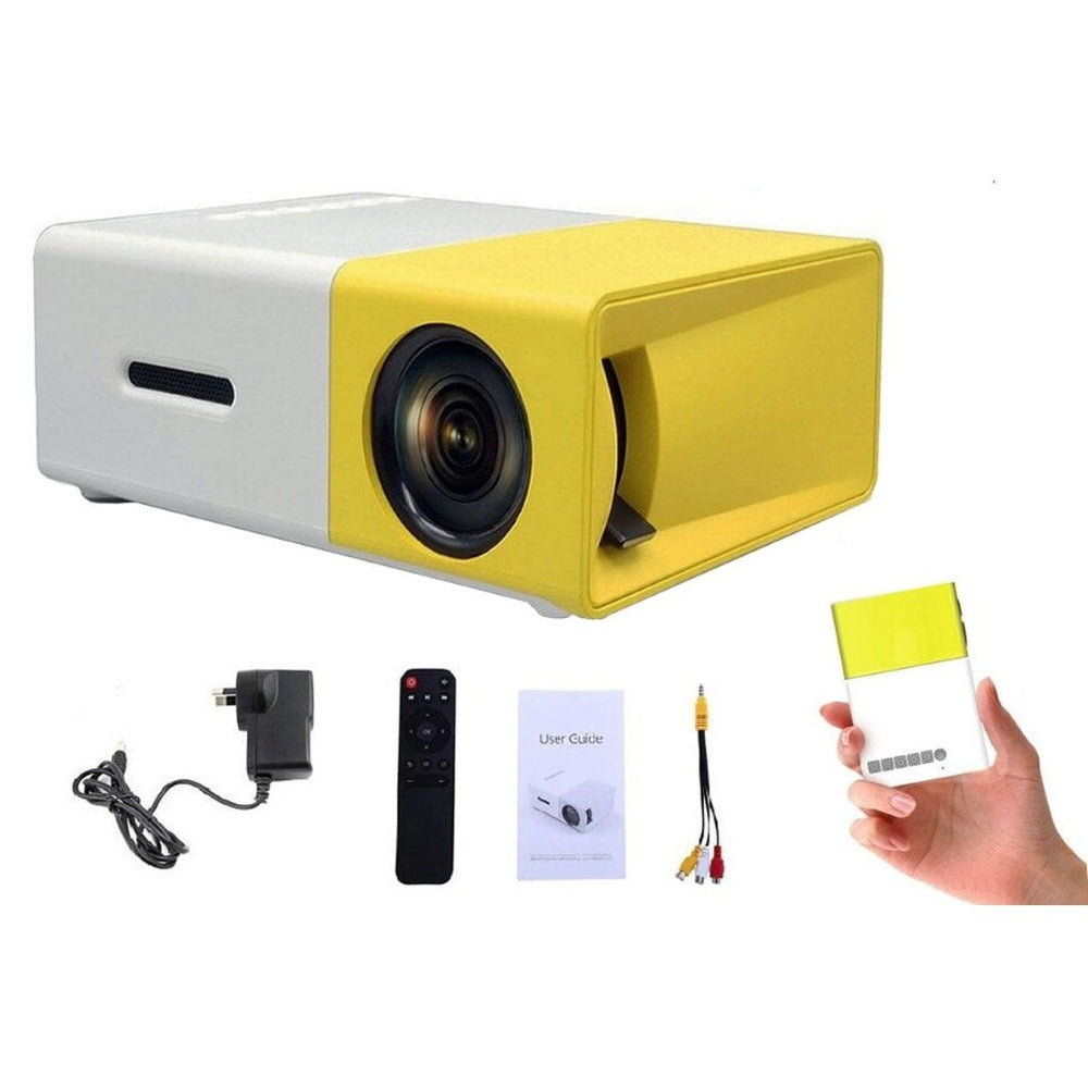 Portable HD projector front view showing lens and controls