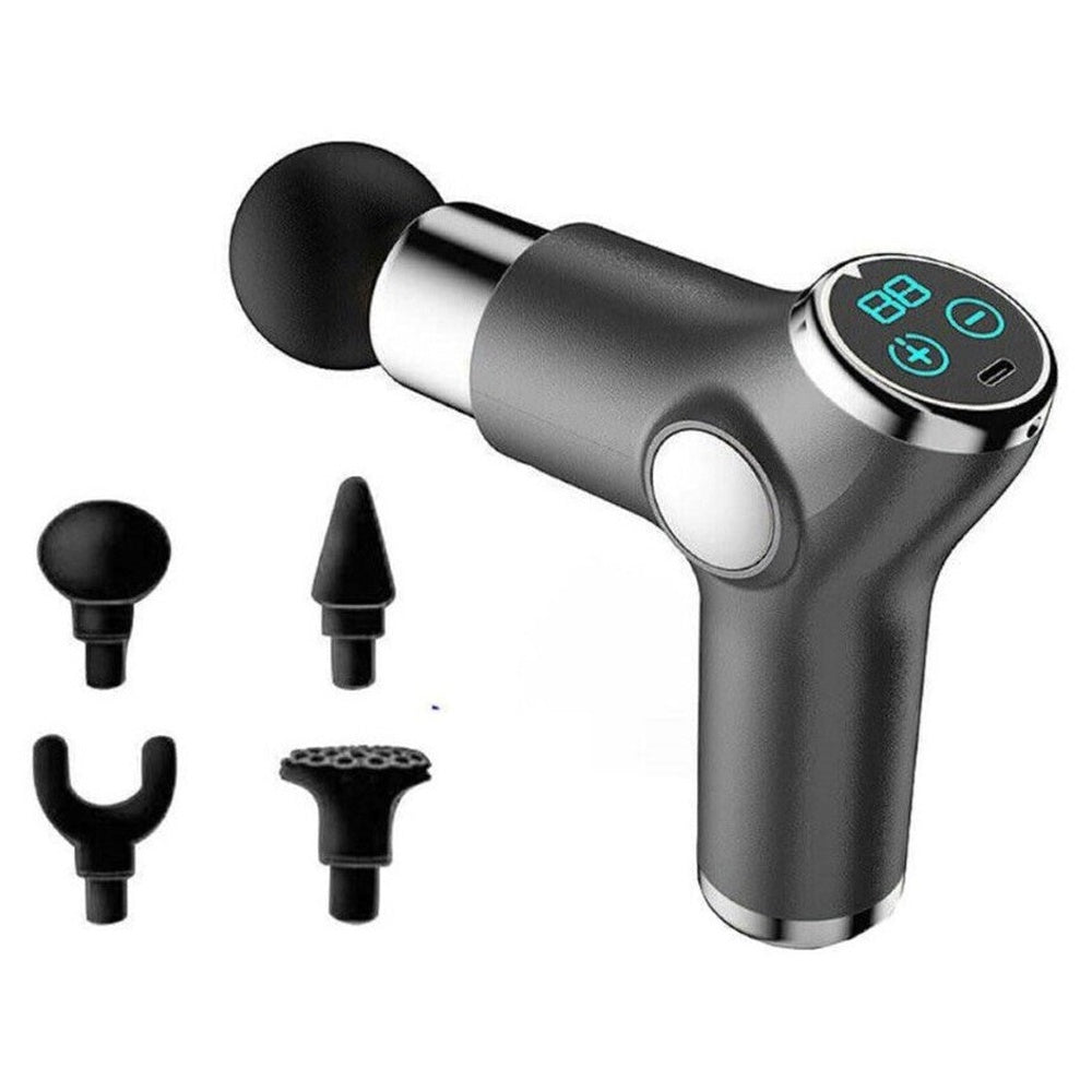 Massage gun in use on shoulder muscle