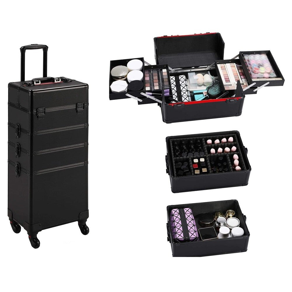 Black aluminium rolling makeup case closed