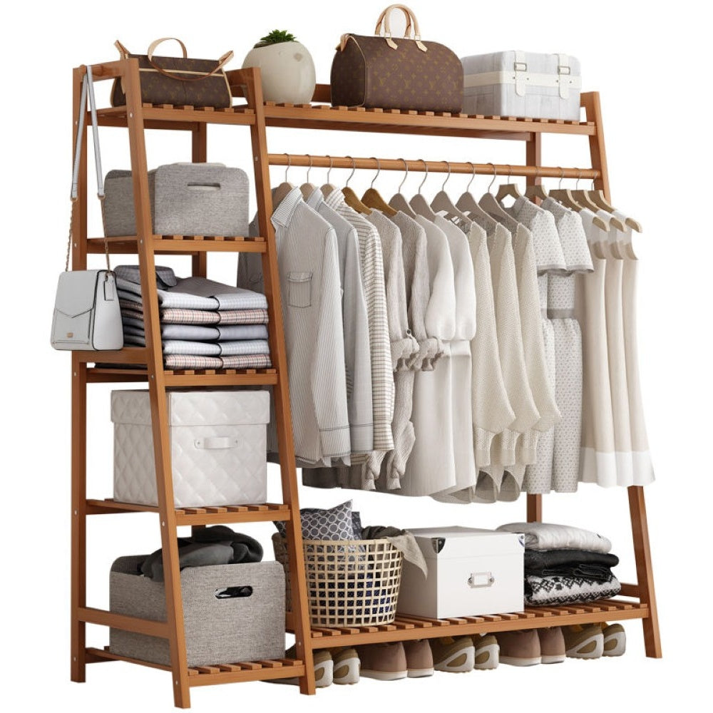 Bamboo wardrobe clothes rack front view with hanging rod