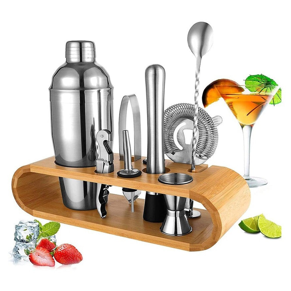 Cocktail shaker set 10-piece with bamboo stand
