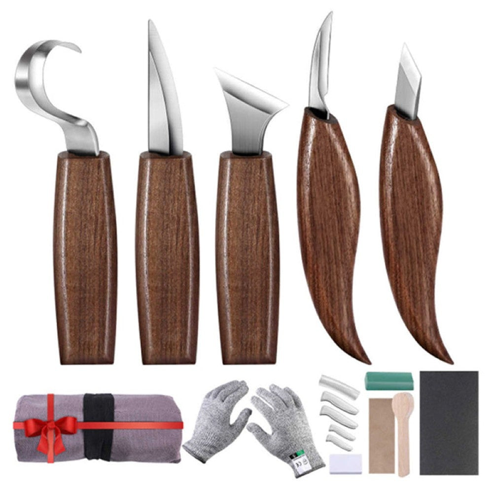 Wood Carving Tools Set 12 in 1 laid out with storage bag