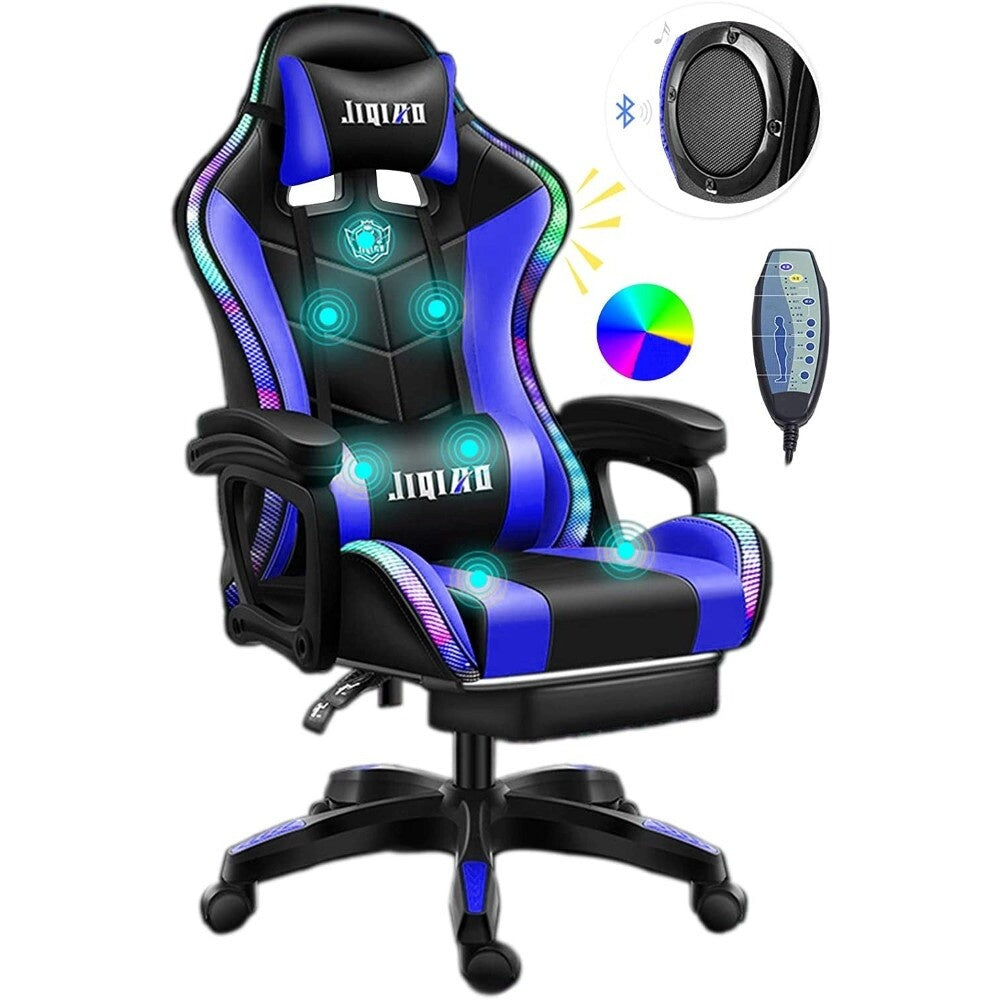 Blue gaming chair with retractable footrest and padded seat