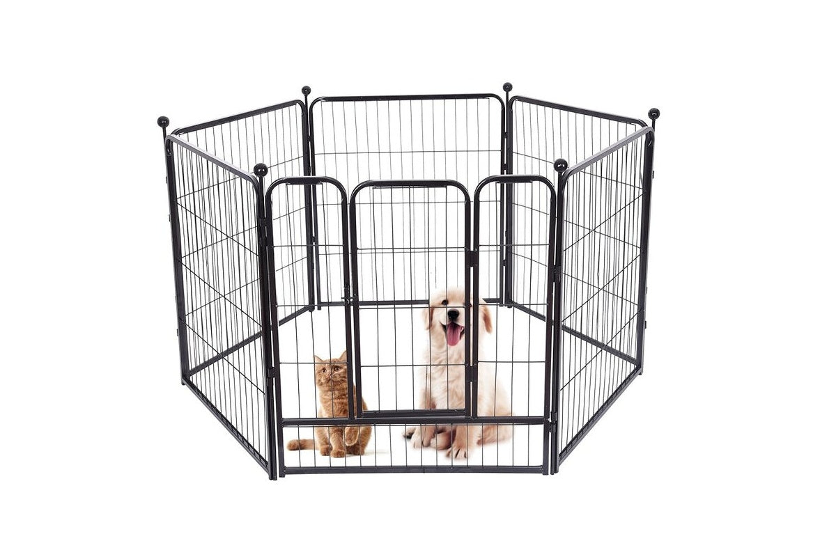 Close-up of double latch on dog playpen door