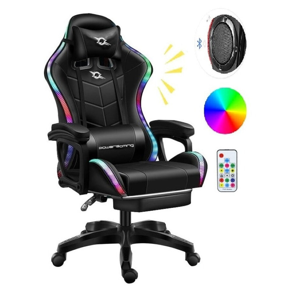 Black gaming chair with footrest extended and padded seat