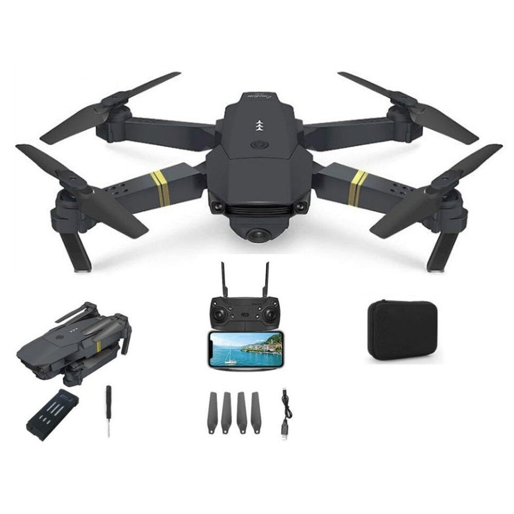 Drone with camera and battery showing one-key takeoff button