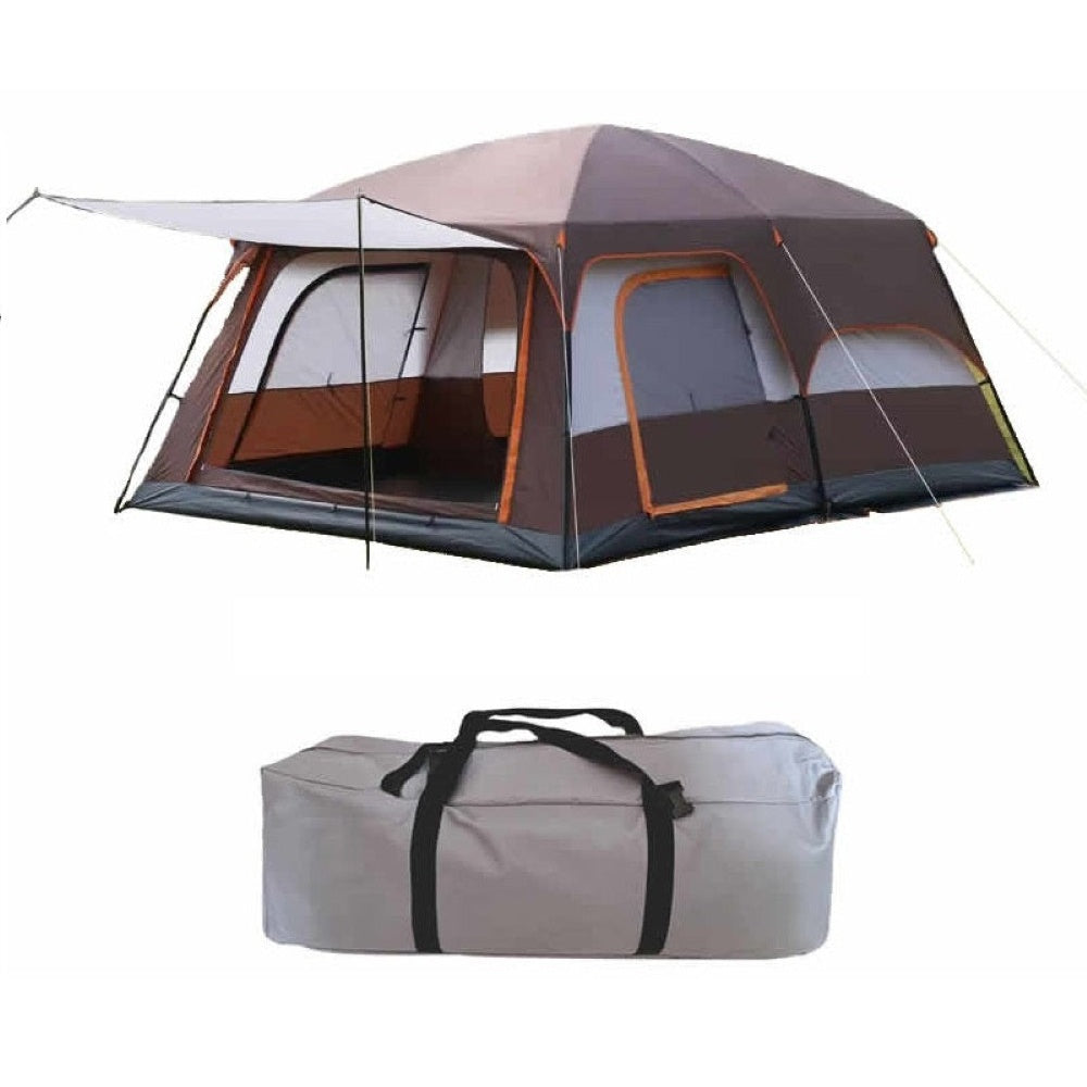 Camping tent setup showing full height and size