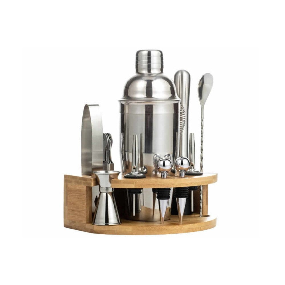 Cocktail shaker set with bamboo stand