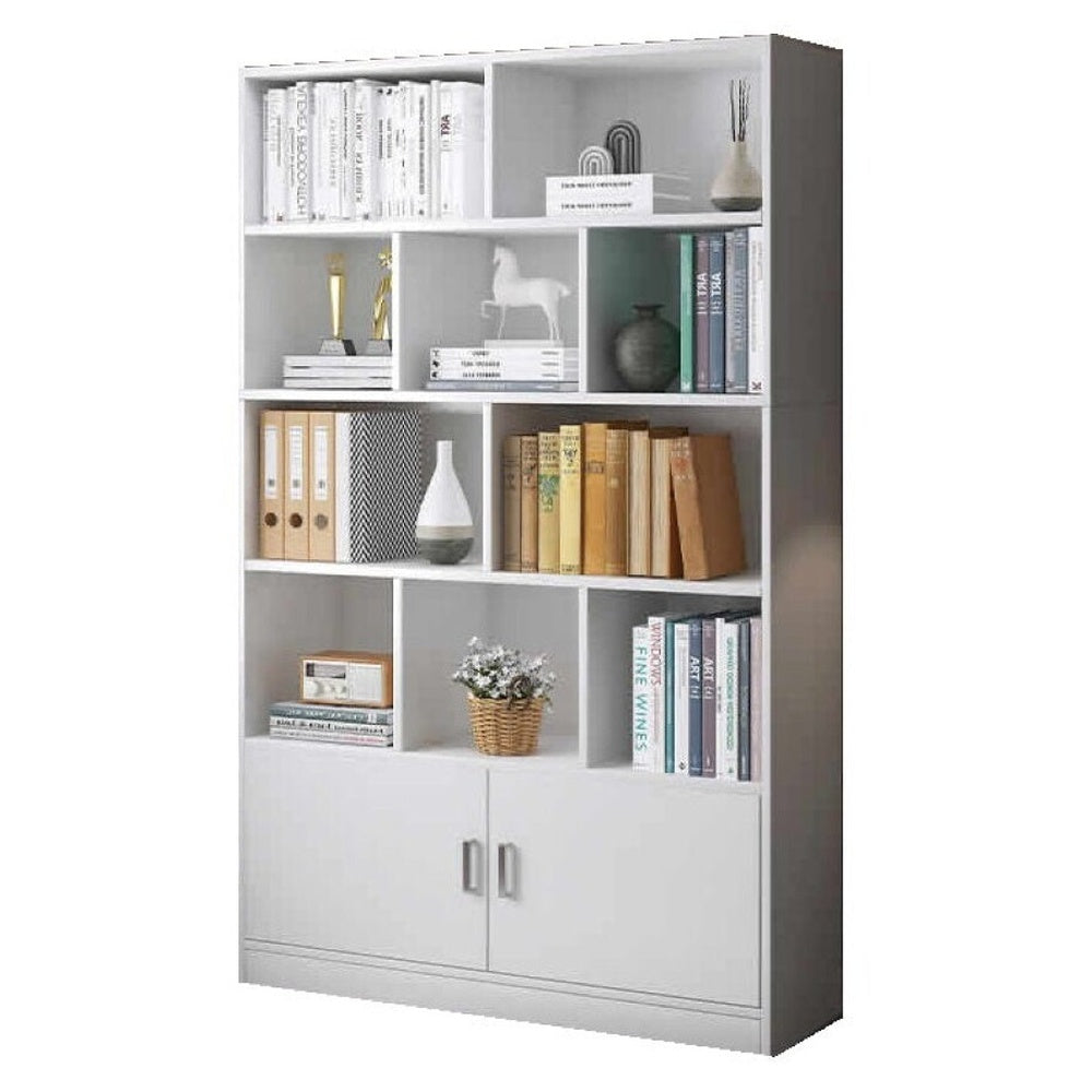 Bookshelf holding magazines and photos