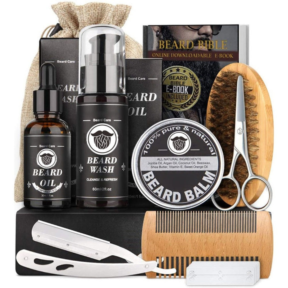 Beard grooming kit arranged for daily beard care