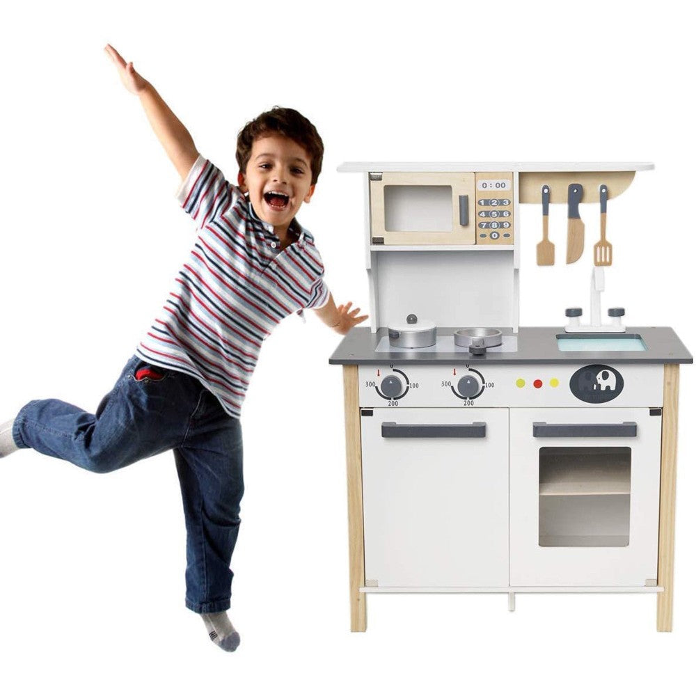 Wooden kids play kitchen set with stove and sink
