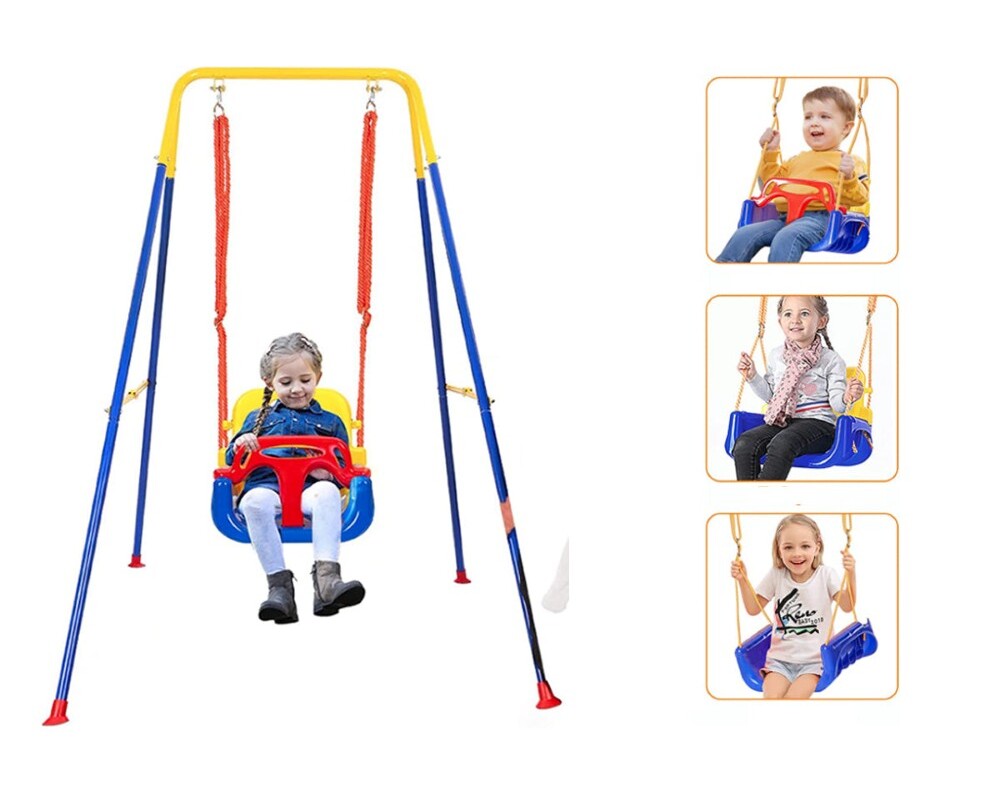 Kids swing seat with stand in backyard setting