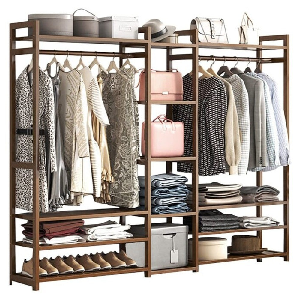 Bamboo wardrobe clothes rack full view with hanging rod