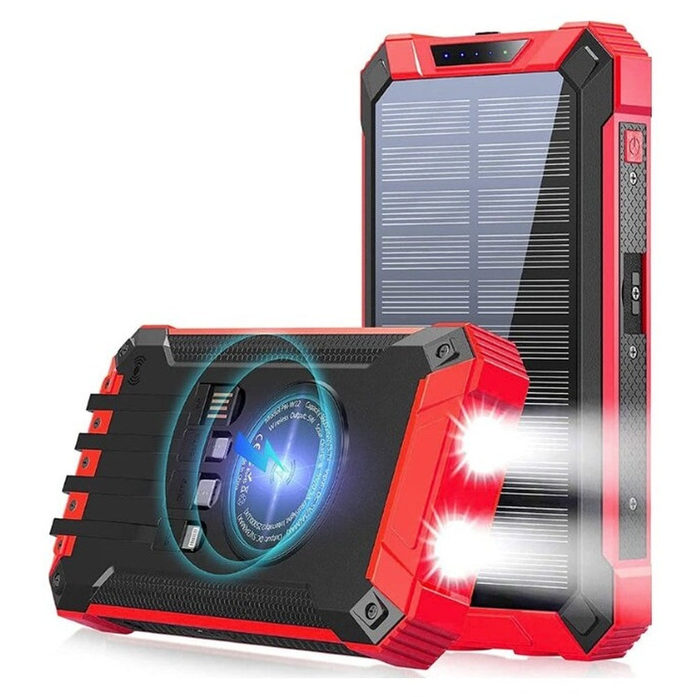 Solar power bank front view showing red and black ABS plastic