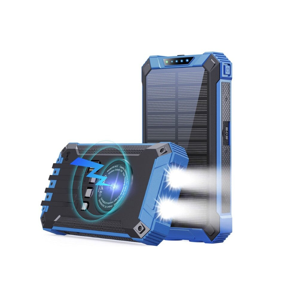 Top view of blue solar power bank with LED light
