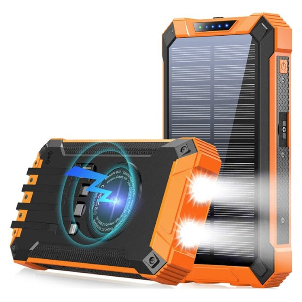 Orange solar power bank with built-in cables