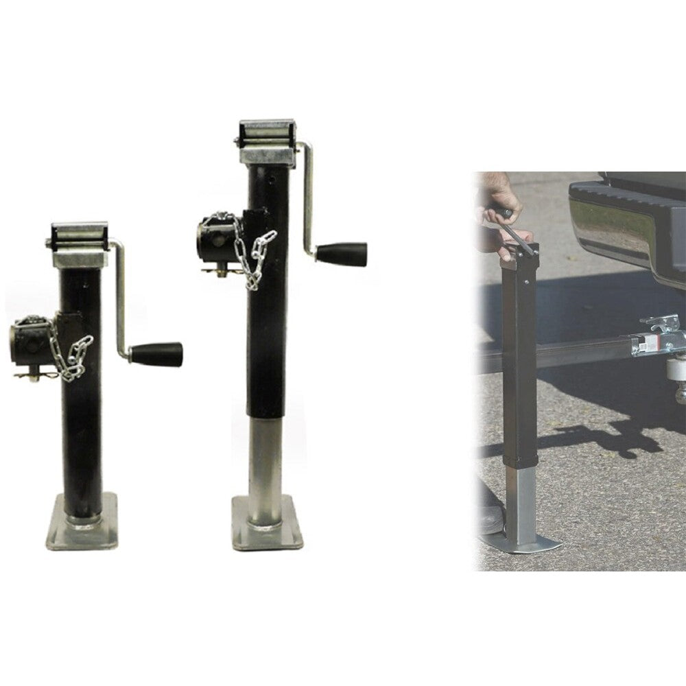 Heavy duty trailer jack extended showing crank handle