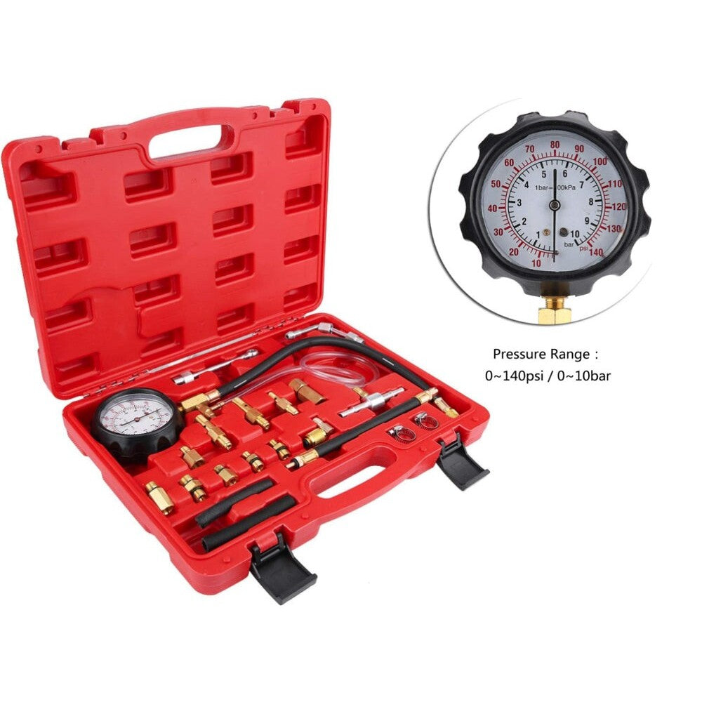 Fuel pressure tester gauge with dual psi and bar scales