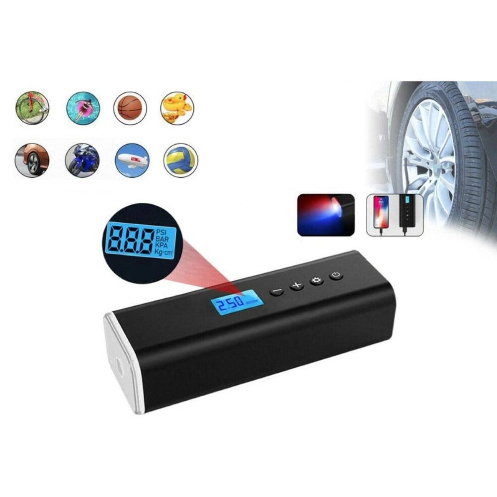 Compact rechargeable car tyre inflator with LCD